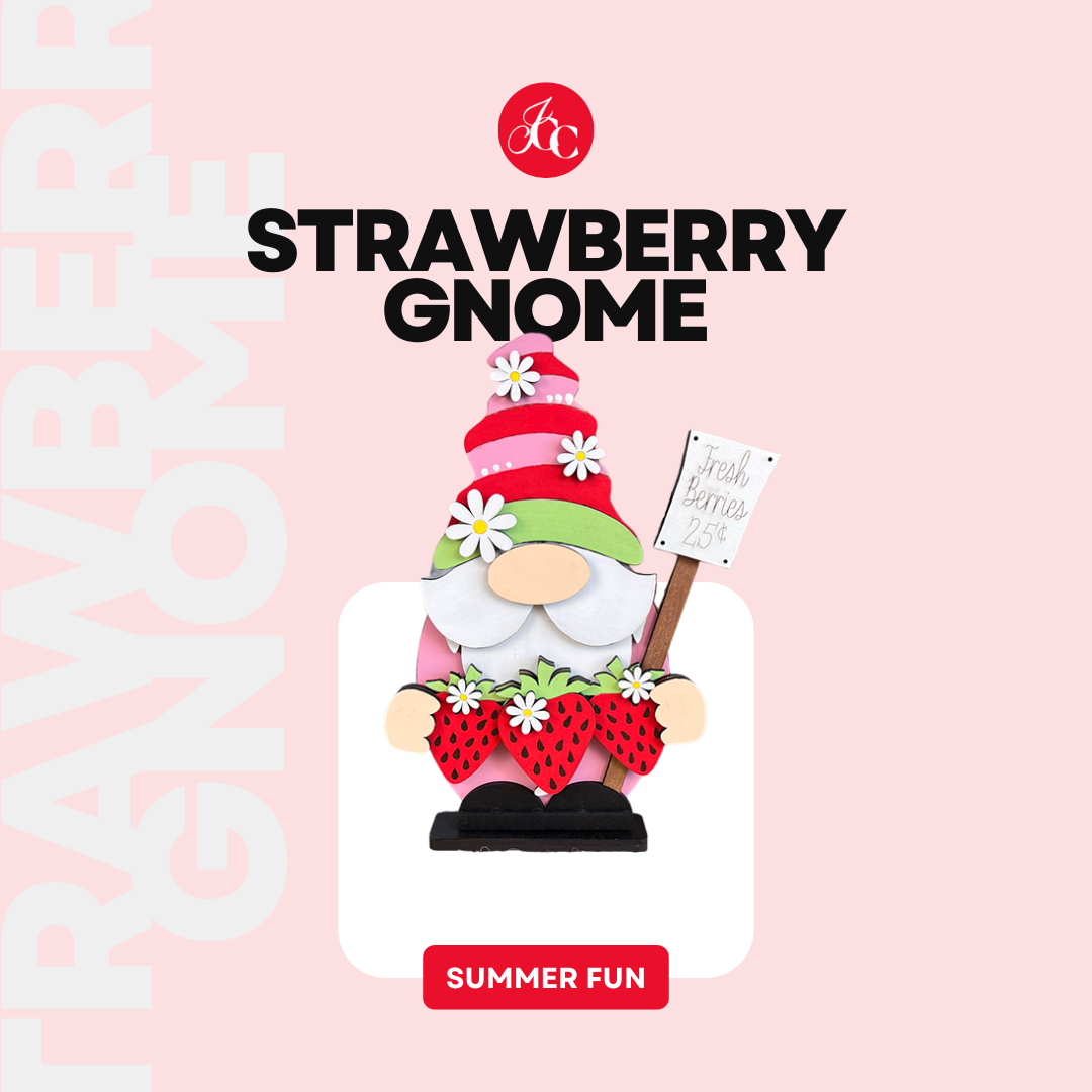 The "Strawberry Gnome Shelf Sitter" from Janet's Craft Corner is a DIY décor kit featuring a gnome with a pink hat and daisy accents. Holding a "Fresh Berries 25¢" sign, it wears strawberry-themed attire, highlighted by a red "Summer Fun" button—ideal for farmhouse styling.