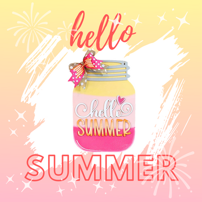 The colorful graphic with a gradient background and fireworks showcases "Hello Summer" featuring a Hello Summer Mason Jar with a pink drink and decorative bow, while the bold "SUMMER" at the bottom adds hand-painted style. Available as a DIY kit from Janet's Craft Corner.