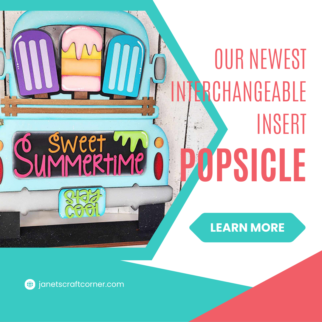 Introducing Janet's Craft Corner Popsicle Interchangeable Insert DIY home décor kit: A vibrant sign designed as a retro van with popsicle inserts, featuring the phrase "Sweet Summertime." This kit is ideal for infusing your home décor with pastel and bright accents. Click "Learn More" to discover our latest craft kit!