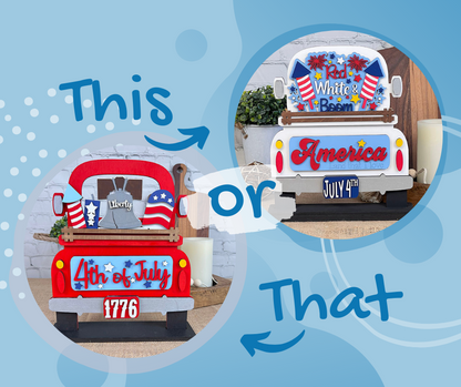 Two truck images with patriotic decor from Janet's Craft Corner DIY kit: Left shows "4th of July" and "1776"; right features "Red White & Boom," stars, stripes, and fireworks. A blue dotted background enhances the scene. Text reads "This or That.