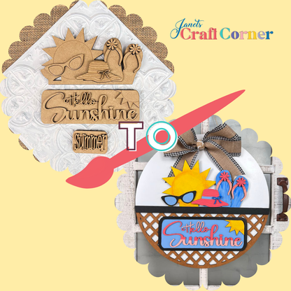 Transform your space with Janet's Craft Corner's "Hello Sunshine" Interchangeable Insert. This DIY seasonal decor kit includes three pieces featuring sunny-themed designs: a sun and flip-flops in brown and beige, and colorful sunglasses with a bow. Perfect for summer picnics or outdoor activities!.