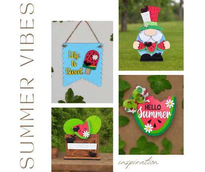 Craft a summer-themed collage with Janet's Craft Corner's Watermelon Gnome Shelf Sitter DIY kit, featuring a "Life is Sweet" sign with ice cream, wooden watermelon truck, and "Hello Summer" sign. Complete your farmhouse decor with inspirational "Summer Vibes.