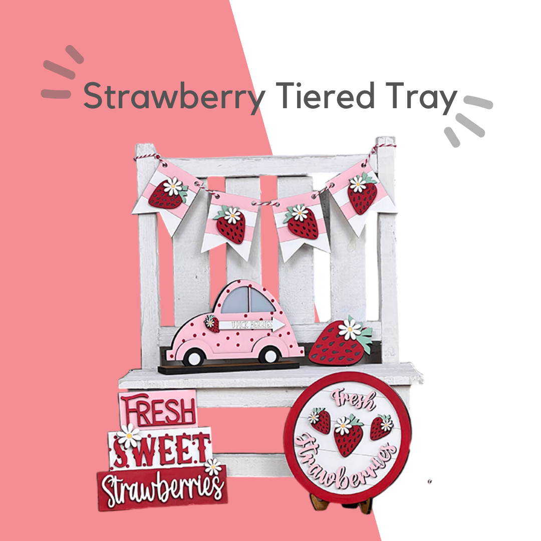 The Strawberry Decor Set from Janet's Craft Corner is a delightful DIY craft kit featuring 6 pieces with strawberry-themed wooden accents, a pink car, a "Fresh Strawberries" sign, and banner garlands. Perfect for home décor or creative projects.