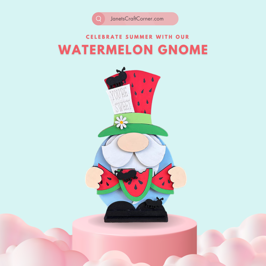 Janet's Craft Corner offers the Watermelon Gnome Shelf Sitter, a DIY home decor kit featuring a gnome with a watermelon-themed hat and beard. The backdrop has pink clouds on pastel blue, with "Celebrate Summer with Our Watermelon Gnome" text and URL. Perfect for farmhouse decor!.