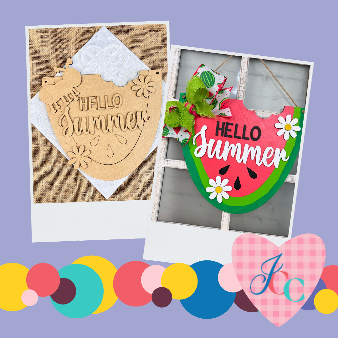 Janet's Craft Corner offers the Hello Summer Watermelon Door Hanger DIY kit, featuring two wooden watermelon-shaped signs. One is natural wood on burlap, while the other is vibrantly painted with florals and ribbons. Ideal for beginner and expert crafters, it comes with a lively backdrop of circles and hearts.