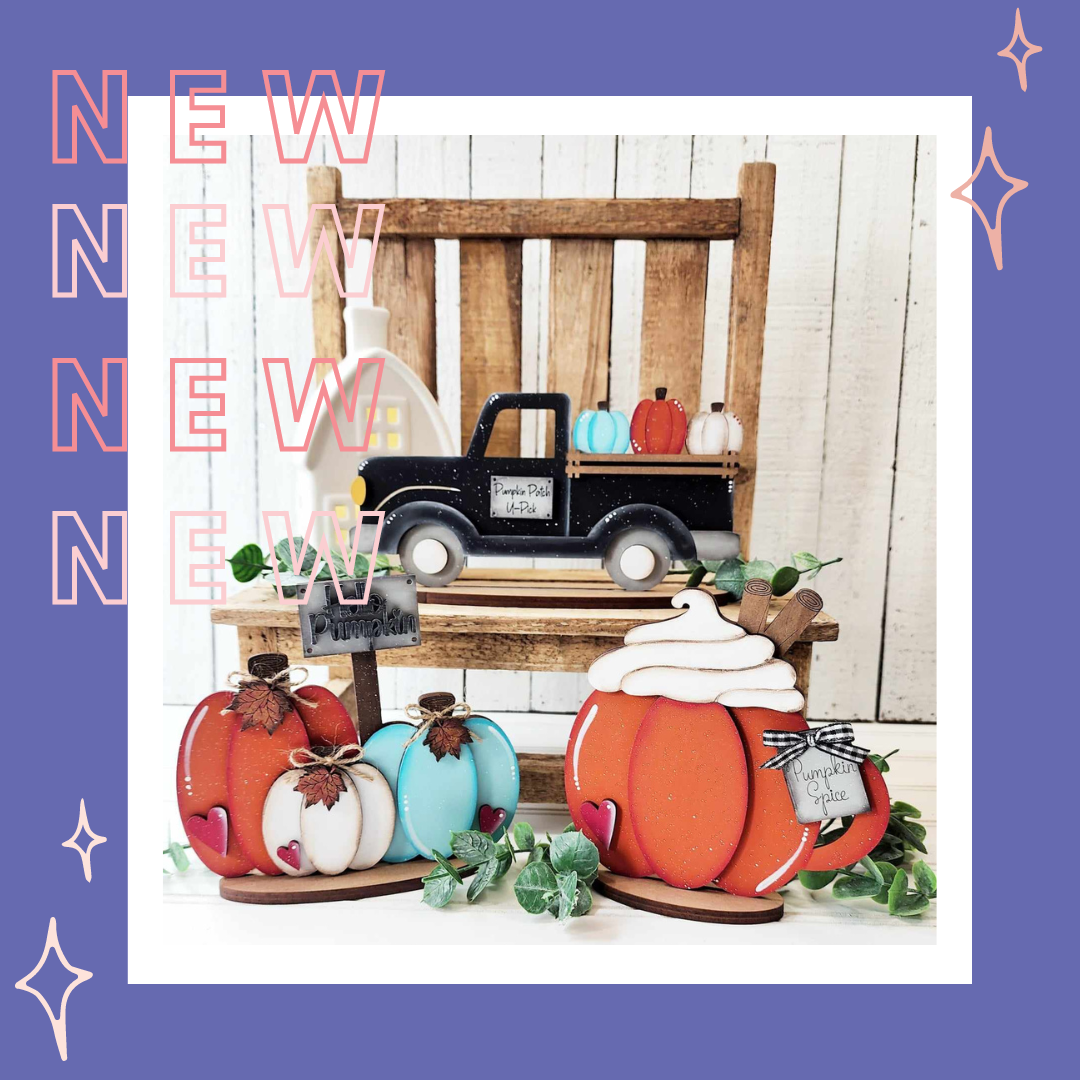 Janet's Craft Corner offers a DIY seasonal home decor kit called Pumpkin Latte Mini Shelf Sitter. The set includes fall-themed elements like a black truck cookie with pumpkins, large orange and blue cookies that say "Hello Pumpkin," and a sparkling border with the word "NEW.