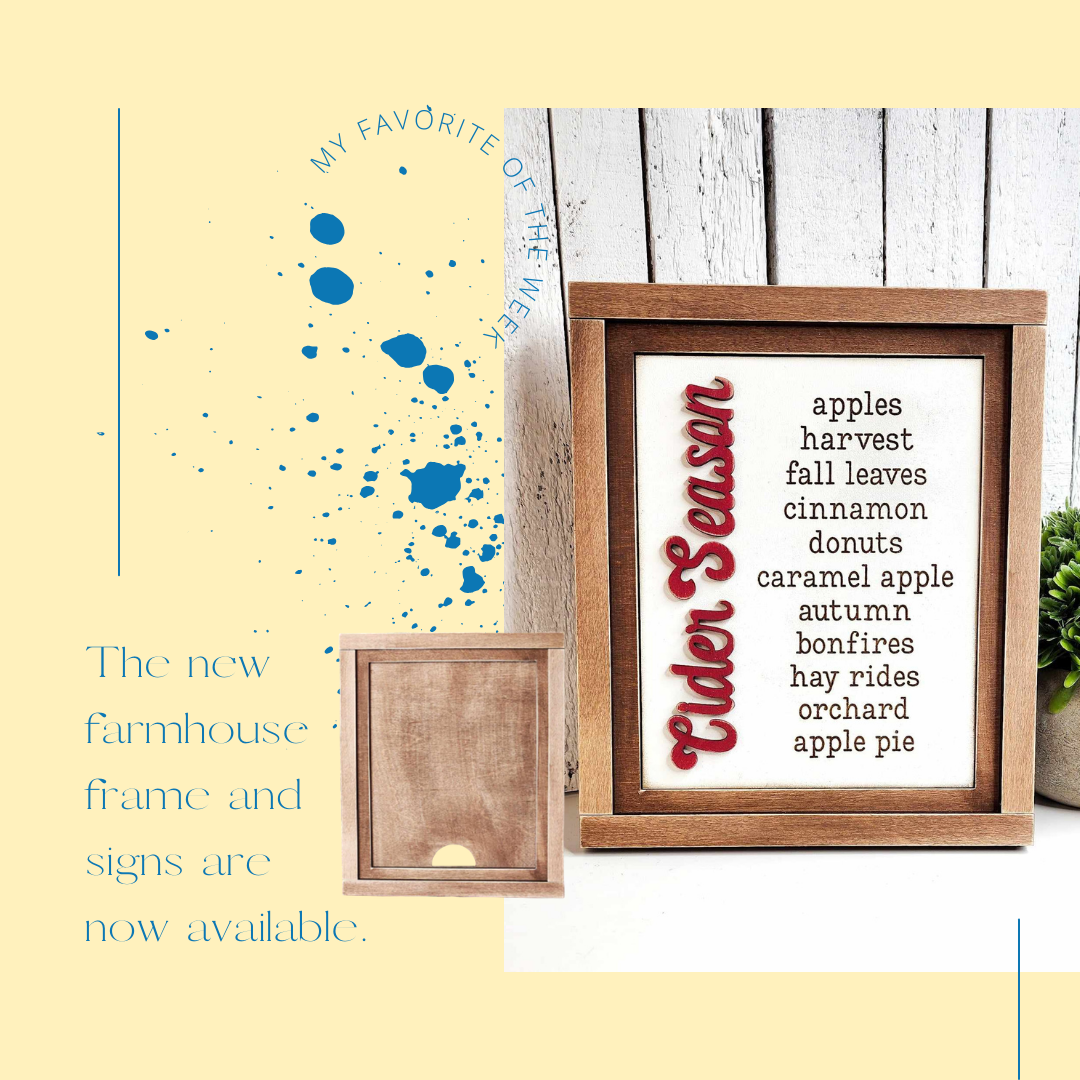 A wooden frame with autumn-themed words like apples, harvest, and bonfires in various fonts next to a blank interchangeable sign frame is set against a light yellow background with blue splatters, showcasing Janet's Craft Corner's new Farmhouse Frame for Interchangeable Signs DIY home decor craft kit.