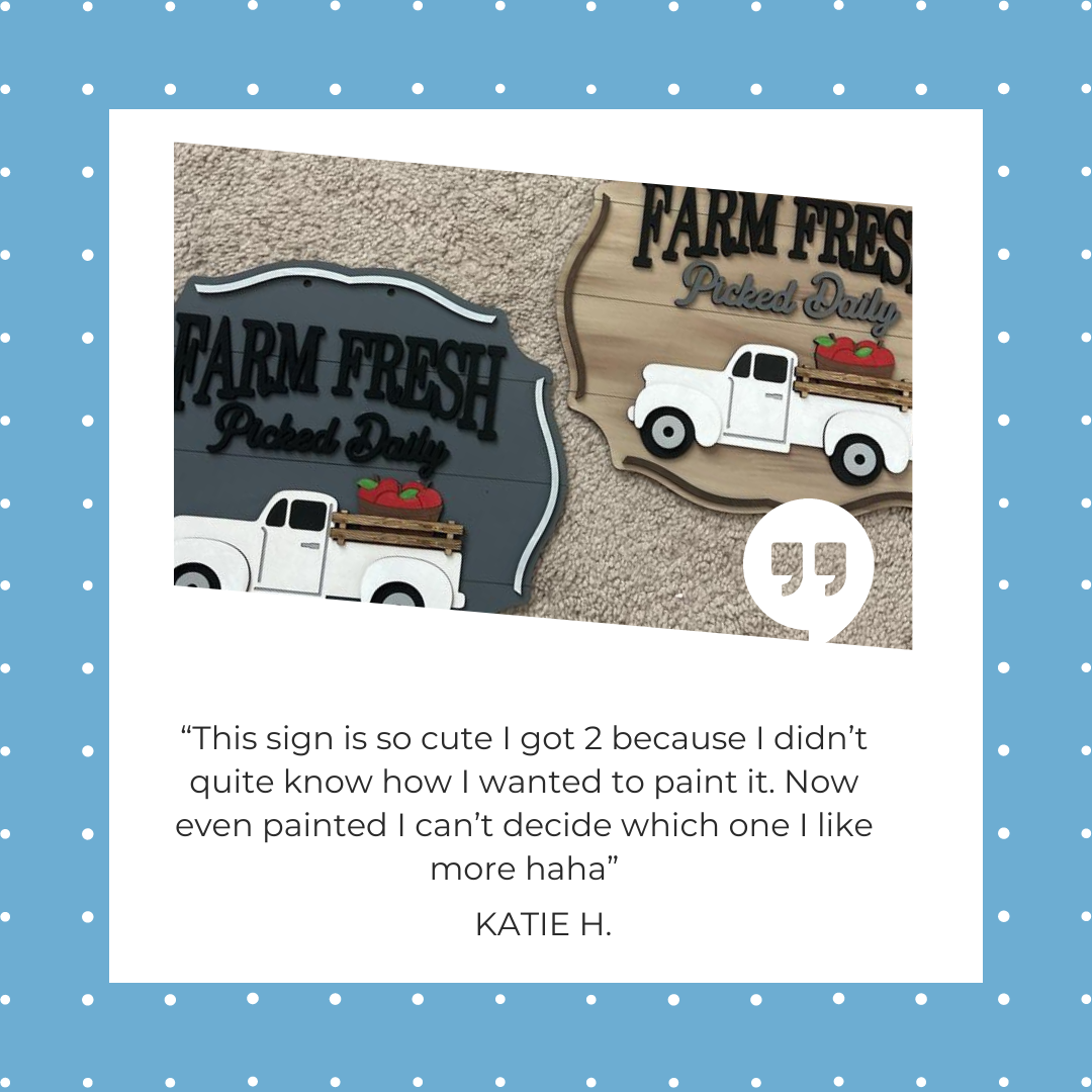 A charming Farm Fresh Apples Sign from Janet's Craft Corner features a blue polka dot background with white trucks and "Farm Fresh Picked Daily" text. Katie H. says, “This sign is so cute I got 2 because I didn’t quite know how I wanted to paint it…”.