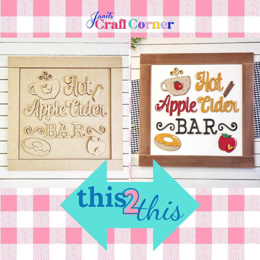 Split image of "Apple Cider Bar" signs ideal for home décor: Left shows an unfinished wooden sign with carved icons, and the right, a vibrant painted sign. Both against a pink checkered background. Perfect as Janet's Craft Corner DIY craft kit!.