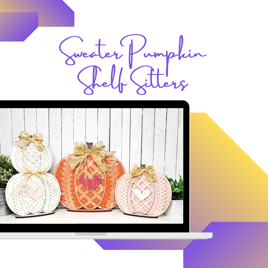 The laptop showcases an inspiring image from Janet's Craft Corner: the "Sweater Pumpkin Shelf Sitters" set. This DIY seasonal home decor craft kit features 3 decorative pumpkins with bows and heart cutouts, set on a wooden background with geometric purple and yellow accents.