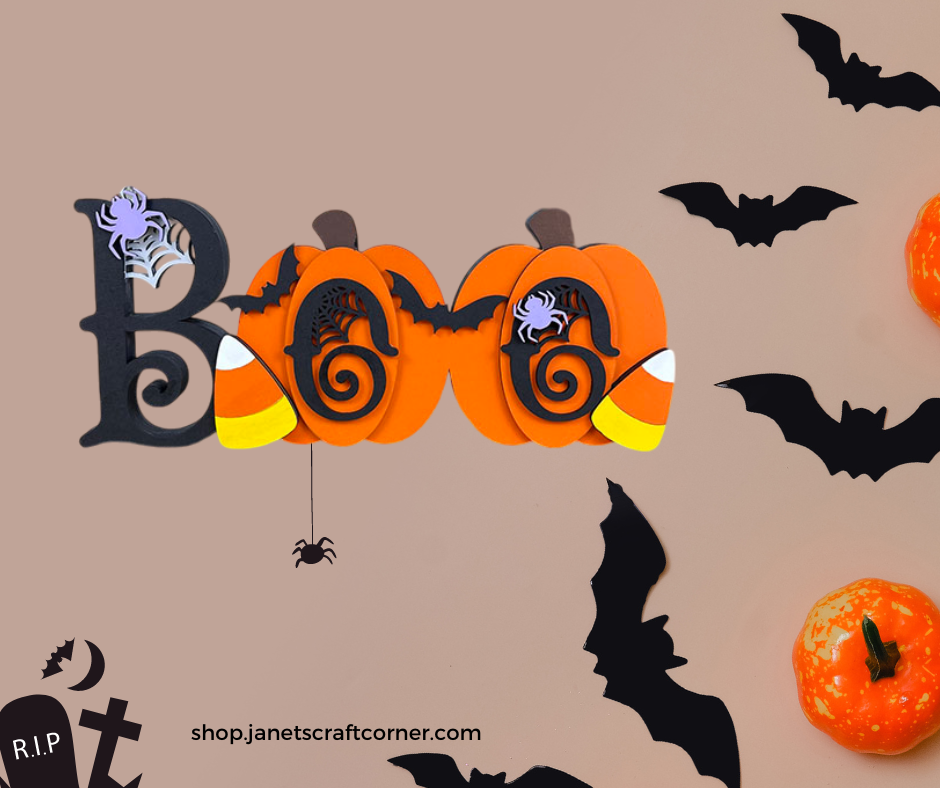 Discover Janet's Craft Corner's Chunky Boo Shelf Sitter DIY Kit. It includes vibrant orange and black letters with spiders and webs, bat cutouts, tiny pumpkins, and a "R.I.P." tombstone to create the perfect spooky decor. Visit us at shop.janetscraftcorner.com.