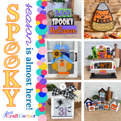 Janet's Craft Corner presents a festive collage of Halloween-themed crafts with personalized home decor and signs like "Trick or Treat," highlighted by the Scarecrow Door Hanger kit. Adorned with pumpkins, witch hats, and fall colors, it celebrates the season alongside "Spooky season is almost here!" text.