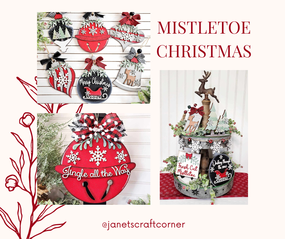 Decorate with festive crafts from Janet's Craft Corner! The Jingle Bell Door Hanger kit features "Jingle all the Way" and "Merry Christmas" ornaments. Reindeer and evergreens add charm to your home décor. Text reads: MISTLETOE CHRISTMAS on a beige background. Follow: @janetscraftcorner.