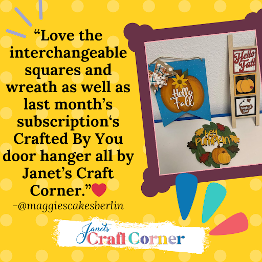 The "Hello Fall Wall Hanger" DIY kit from Janet's Craft Corner features a handcrafted door hanger with interchangeable squares and wreath, adorned with colorful shapes and text, perfect for autumn decor. A user praises this seasonal home craft project.