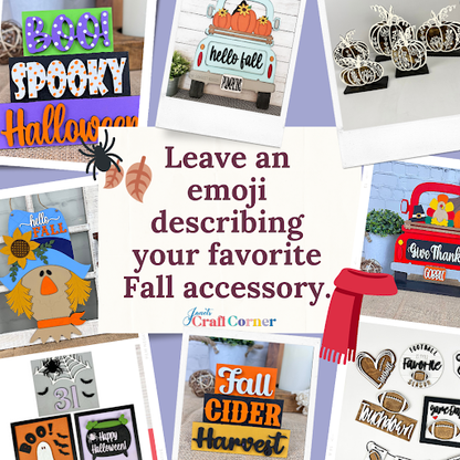 A collage of fall-themed accessories from Janet's Craft Corner showcases signs saying "Boo!", "Spooky Halloween", and "hello fall." Decorative pumpkins, leaves, and the Scarecrow Door Hanger DIY Kit add charm. A central text invites an emoji description of your favorite personalized home decor accessory.