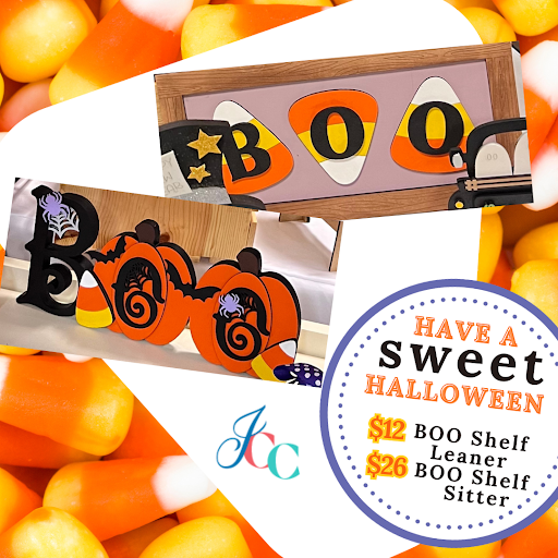 A Halloween-themed ad from Janet's Craft Corner features BOO shelf decorations with candy corn designs. The text reads: "Have a sweet Halloween. $12 BOO Shelf Leaner, $26 Chunky Boo Shelf Sitter." Ideal for your home decor, the background bursts with candy corn images.