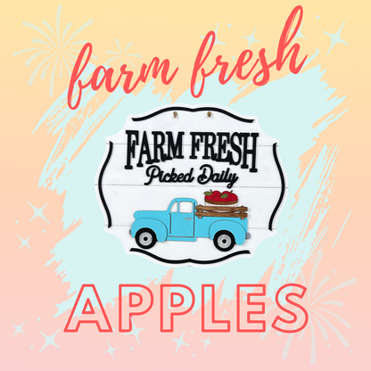 Janet's Craft Corner offers a Farm Fresh Apples Sign DIY kit featuring a pastel poster with a vintage blue truck hauling apples and fireworks around the word "Apples," complete with a "Farm Fresh Picked Daily" sign. Ideal for crafting rustic, seasonal home decor. Set includes 1 kit.