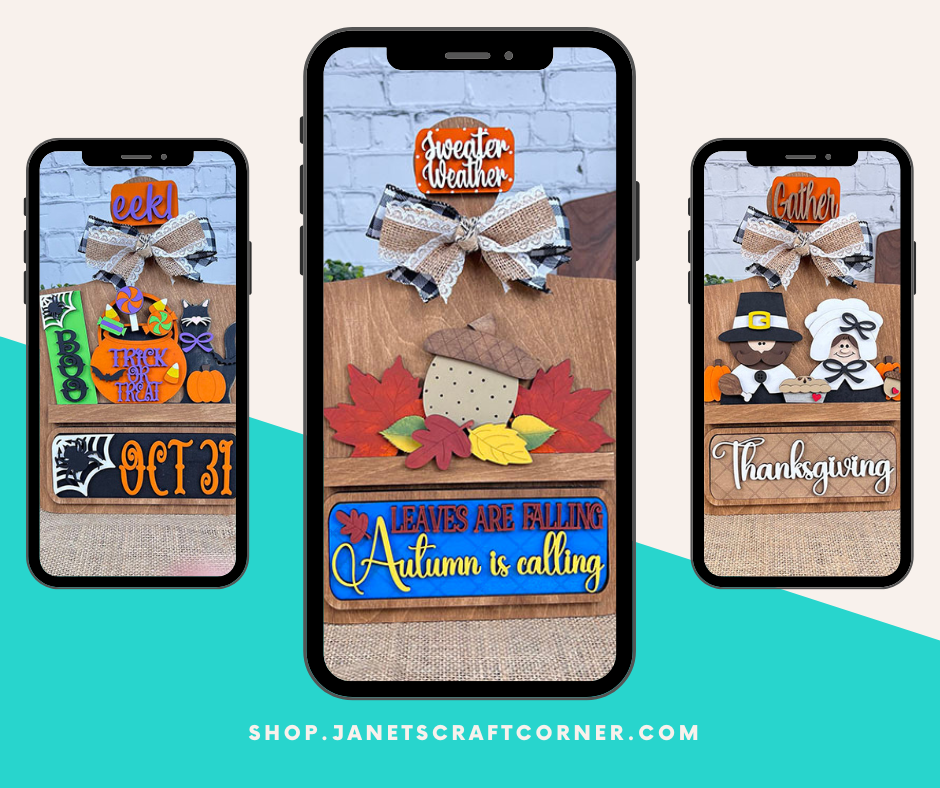 Three smartphones display festive fall-themed crafts: Halloween motifs on the left, autumn leaves with a Pilgrim Thanksgiving Interchangeable Insert in the center, and Thanksgiving decorations on the right. Discover more at Janet's Craft Corner - shop.janetscraftcorner.com.