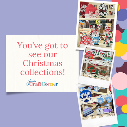 A poster from Janet's Craft Corner features DIY kits for snowmen, reindeer, and Santa decorations, plus a Gingerbread Hot Cocoa Mug Shelf Sitter. The text reads, "You've got to see our Christmas collections!.