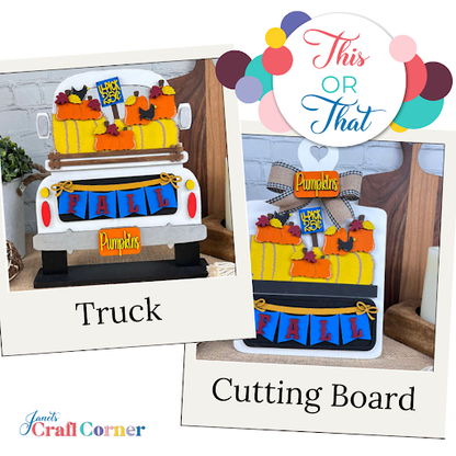 A split image depicts two fall-themed crafts: a truck with pumpkins and "FALL" banner, and a breadboard decoration with similar elements. Titled "This or That," it's perfect for decor. Try Janet's Craft Corner DIY kit, featuring 1 breadboard base and interchangeable insert.