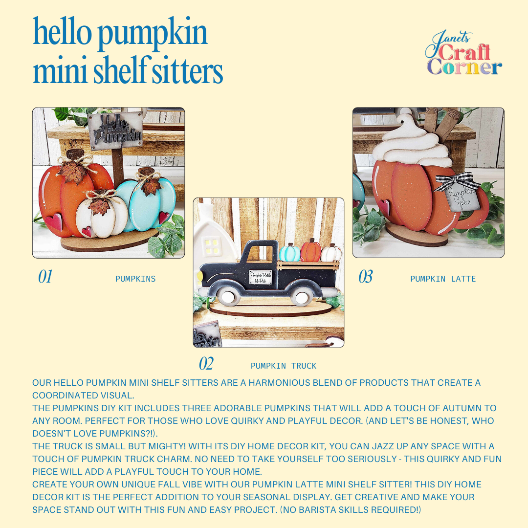 The mini shelf sitter display features a colorful pumpkin latte figure, pumpkin-shaped decorations, and a black truck with pumpkins. Each item is numbered, highlighting their decorative versatility and DIY customization options for seasonal home decor from Janet's Craft Corner.