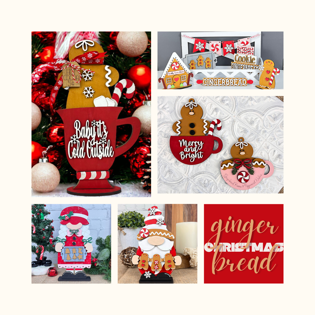 A Christmas collage features gingerbread men, hot cocoa, and festive texts like "Baby it's cold outside" and "Merry and Bright," plus Santa, reindeer, cookies, all in a vibrant holiday ambiance. Highlighted is Janet's Craft Corner's charming Gingerbread Gnome Shelf Sitter, adding whimsical flair.