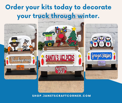 Janet's Craft Corner offers a DIY home decor kit featuring three interchangeable panels: a fall-themed one with a scarecrow and "Thanksgiving Dinner," a Christmas one with stockings and "Santa's Helpers," and a winter panel with penguins and "Freezin Season.