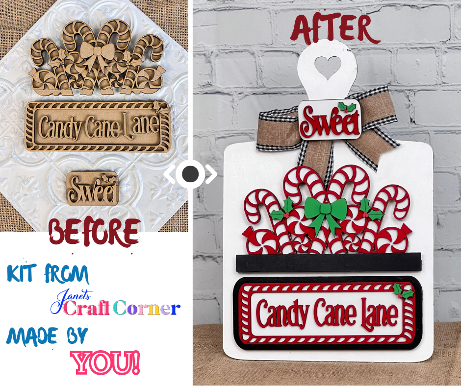 A DIY kit project image shows an unpainted Breadboard Interchangeable Base and Insert on the left and a final decorated board with candy canes, a bow, "Candy Cane Lane," and "Sweet" on the right. From Janet's Craft Corner, it's perfect for festive home decor—Made by You!.