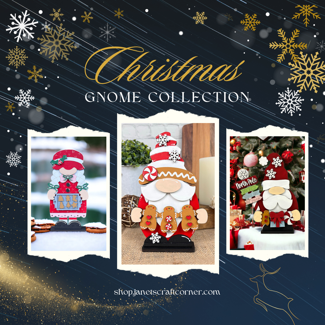 Festive poster featuring Janet's Craft Corner: Mrs. Claus Baking Gnome shelf sitter, part of our Christmas Collection. Charmingly dressed in holiday attire with gingerbread men and tree ornaments. Decorated with snowflakes and gold accents around the text “Christmas Gnome Collection.”.