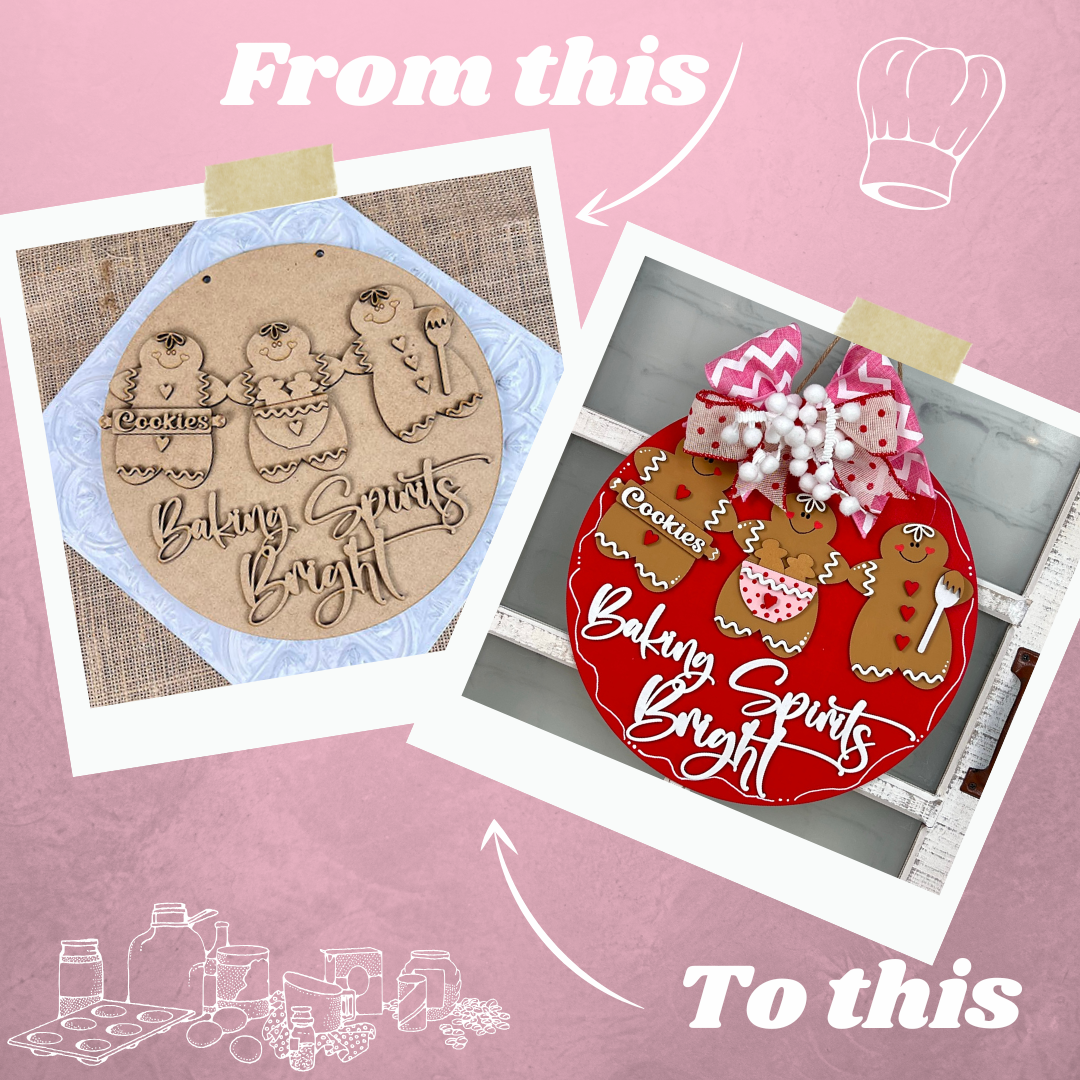 Two images display craft transformations: the left shows a plain board with engraved gingerbread figures and "Baking Spirits Bright" text; the right reveals Janet's Craft Corner DIY kit as a vibrant wall hanger with colorful figures, bows, and raised text—perfect for seasonal home décor!.