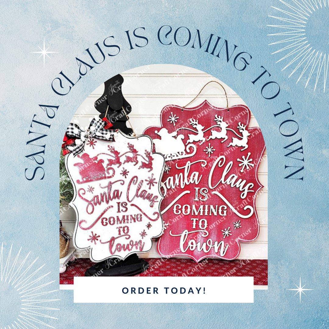 The "Santa Claus is Coming to Town Wall Hanger" by Janet's Craft Corner is a festive DIY home decor kit featuring reindeer and sleigh silhouettes with "Santa Claus is coming to town" in red and white, perfect for your door. Embrace the holiday spirit—order today!.