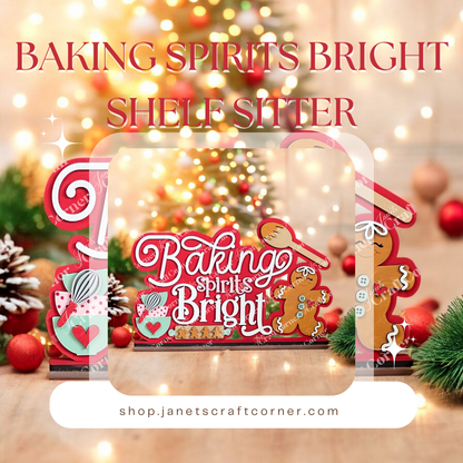 Create a festive holiday scene with Janet's Craft Corner's "Baking Spirits Bright" shelf sitter DIY kit, featuring hand-painted gingerbread decorations, candy canes, and heart motifs. Enhance your decor with this delightful piece. Ideal for any home decor enthusiast. Website link included.