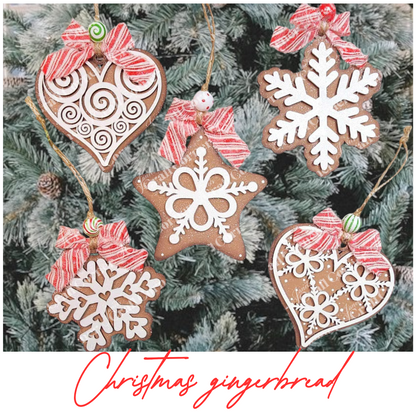 From Janet's Craft Corner, the Gingerbread Iced Cookie Ornaments set features DIY craft kits with snowflake and heart shapes. These homemade goodies hang on a frosty tree, decorated with white icing and red-striped ribbons, each topped with a candy. The text "Christmas gingerbread" is displayed below.