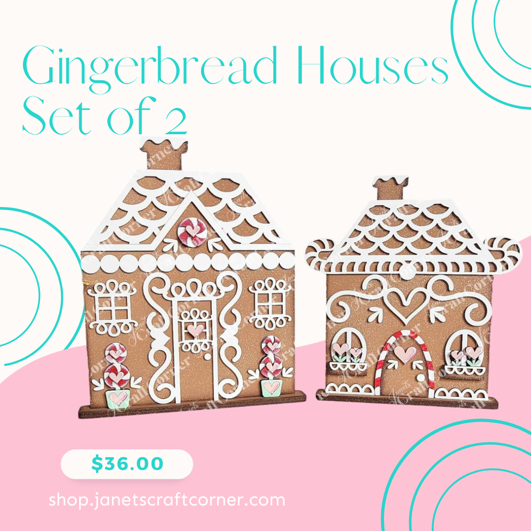 An illustrated image shows two gingerbread houses with candy decor and scalloped icing roofs. Text says, "Gingerbread Houses Shelf Sitters - Set of 2." Priced at $36.00, find them at shop.janetscraftcorner.com. Ideal as a DIY craft kit for holiday fun!.