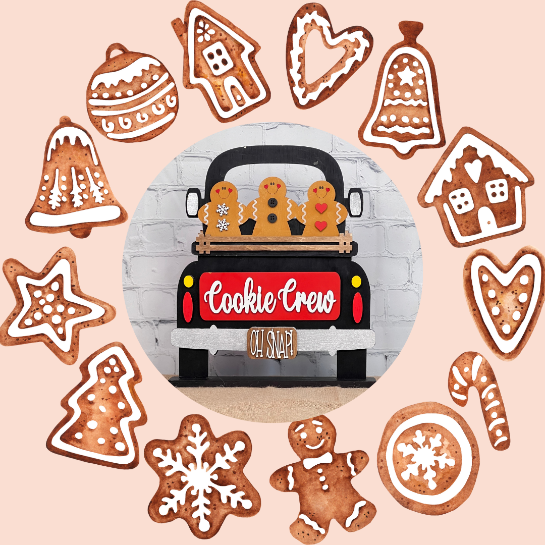 A festive image features decorated gingerbread cookies in the shapes of stars, hearts, a house, and a tree. At the center is a cartoon car with gingerbread figures and a "Cookie Crew" sign. Ideal for Janet's Craft Corner's Cookie Crew Interchangeable Insert DIY craft kit or as charming home decor.