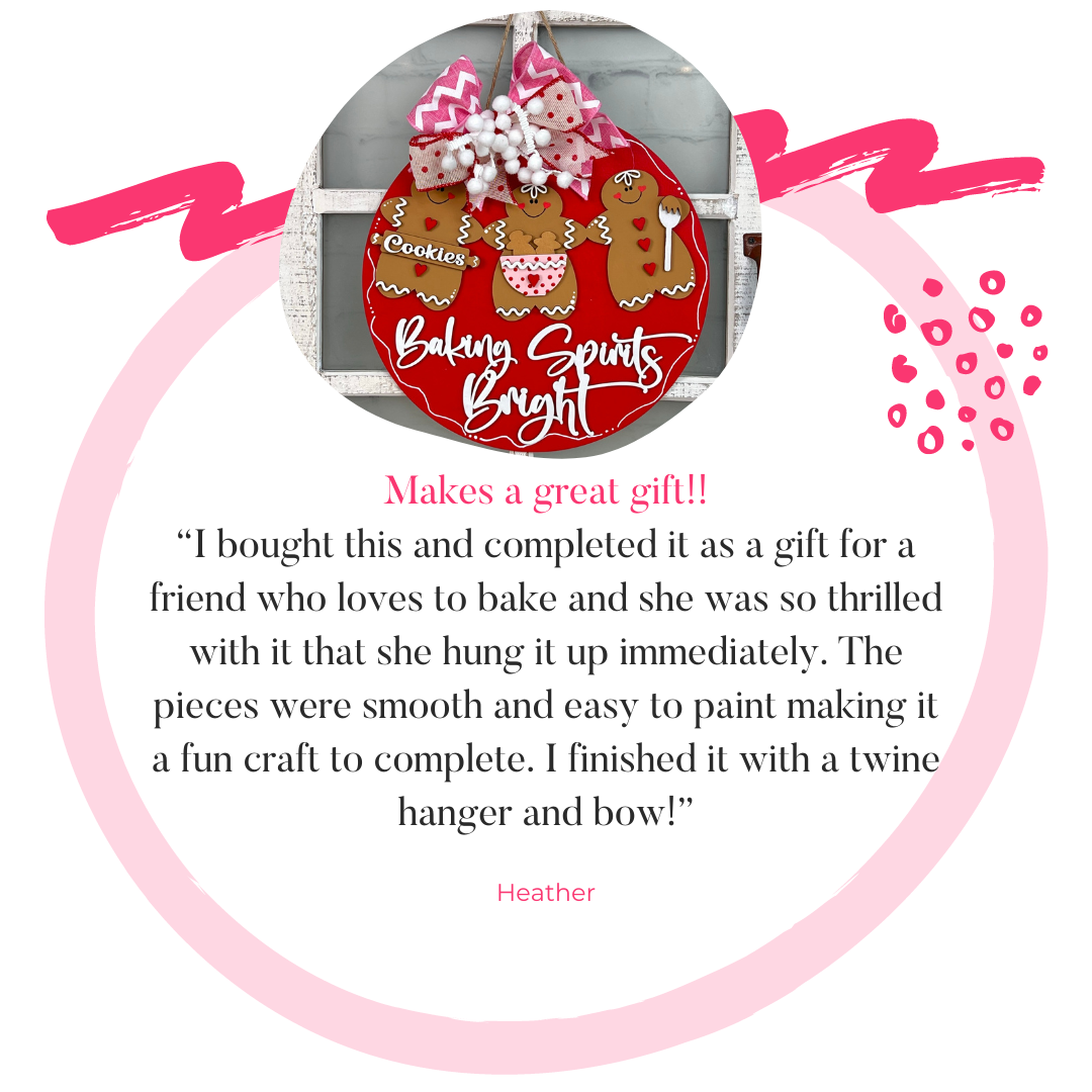 Janet's Craft Corner offers the "Baking Spirits Bright Wall Hanger" DIY kit, featuring a gingerbread theme with a pink-trimmed circular design. Praised as the perfect gift, it's easy to paint and enjoyable to complete, making for standout seasonal home décor.