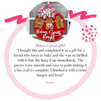 Janet's Craft Corner offers the "Baking Spirits Bright Wall Hanger" DIY kit, featuring a gingerbread theme with a pink-trimmed circular design. Praised as the perfect gift, it's easy to paint and enjoyable to complete, making for standout seasonal home décor.