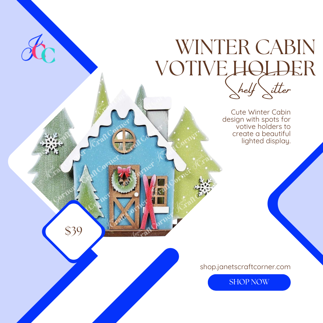 Explore "Winter Cabin Votive Holder Shelf Sitter" by Janet's Craft Corner, featuring a blue house with snow on the roof amid green trees and snowflakes. This charming decor piece is a DIY craft kit available for $39. Click "Shop Now" for details and store info.