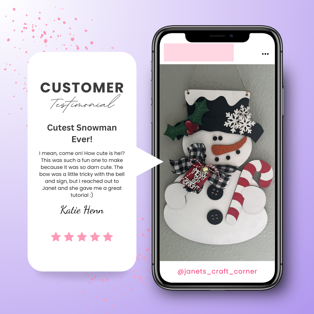 A testimonial praises the Candy Cane Snowman Door Hanger from Janet's Craft Corner for its cuteness and crafty design, highlighting the useful tutorials. This holiday decor is beautifully framed with a purple background and excellent star ratings.