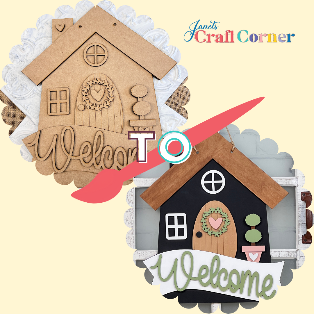 Janet's Craft Corner presents two charming wooden door signs: an unfinished "Welcome Home Door Hanger" for your creativity and a finished piece featuring black walls, a wooden door, heart decorations, and a potted plant—ideal for home décor enthusiasts.