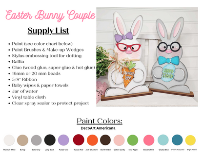 Check out Janet's Craft Corner's Easter crafting guide called "Easter Bunny Couple." Ideal for home decor, it showcases delightful Bunny Couple Shelf Sitters adorned with glasses and colorful bows. The DIY kit provides all the supplies and paint colors needed to create your own bunnies holding eggs marked with "Dream Big" and "Be Happy.