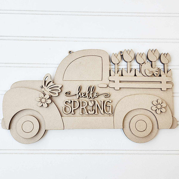 The "Hello Spring" Truck Sign from Janet's Craft Corner is a DIY home decor kit that includes a wooden vintage truck with tulips, flowers, and a butterfly. Perfect for creating your own seasonal masterpiece.