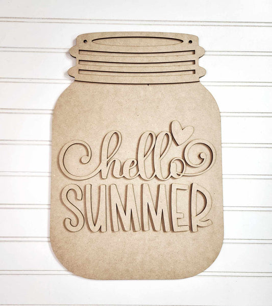 The Hello Summer Mason Jar Door Hanger from Janet's Craft Corner is a DIY seasonal decor kit featuring a wooden mason jar cutout with "hello SUMMER" and a heart on a white lined background.