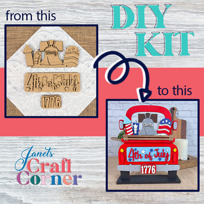 Discover Janet's Craft Corner's 4th of July Interchangeable Insert, a DIY home decor kit for crafting a patriotic masterpiece. This kit features materials marked with "4th of July" and "1776," making it suitable for any occasion. It includes flags and stars designed to fit perfectly on the back of a red truck, adding a festive touch to your celebrations.