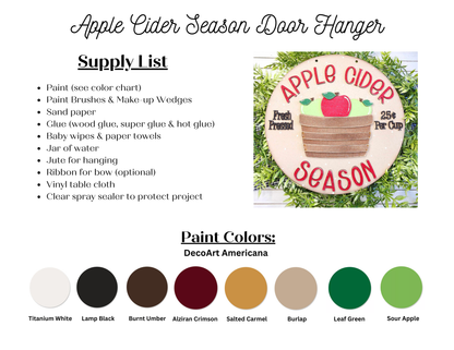 Discover an instructional sheet for creating a charming hand-painted Apple Cider Door Hanger from Janet's Craft Corner. This guide includes a supply list, recommended paint colors from DecoArt Americana, and an image showcasing the delightful apple and cider barrel motif on the completed home décor item. A perfect addition to your DIY home decor kit collection.