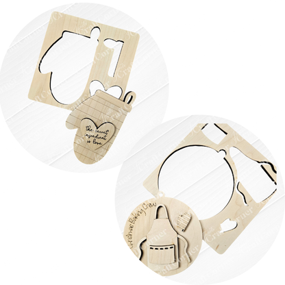 The Baking Ornaments - Set of 2 by Janet's Craft Corner offers a delightful DIY craft kit with wooden cut-out crafts shaped like kitchen essentials, including a pitcher, mixer, jar, and an oven mitt that charmingly states "the secret ingredient is love," making them a perfect addition to your home décor.