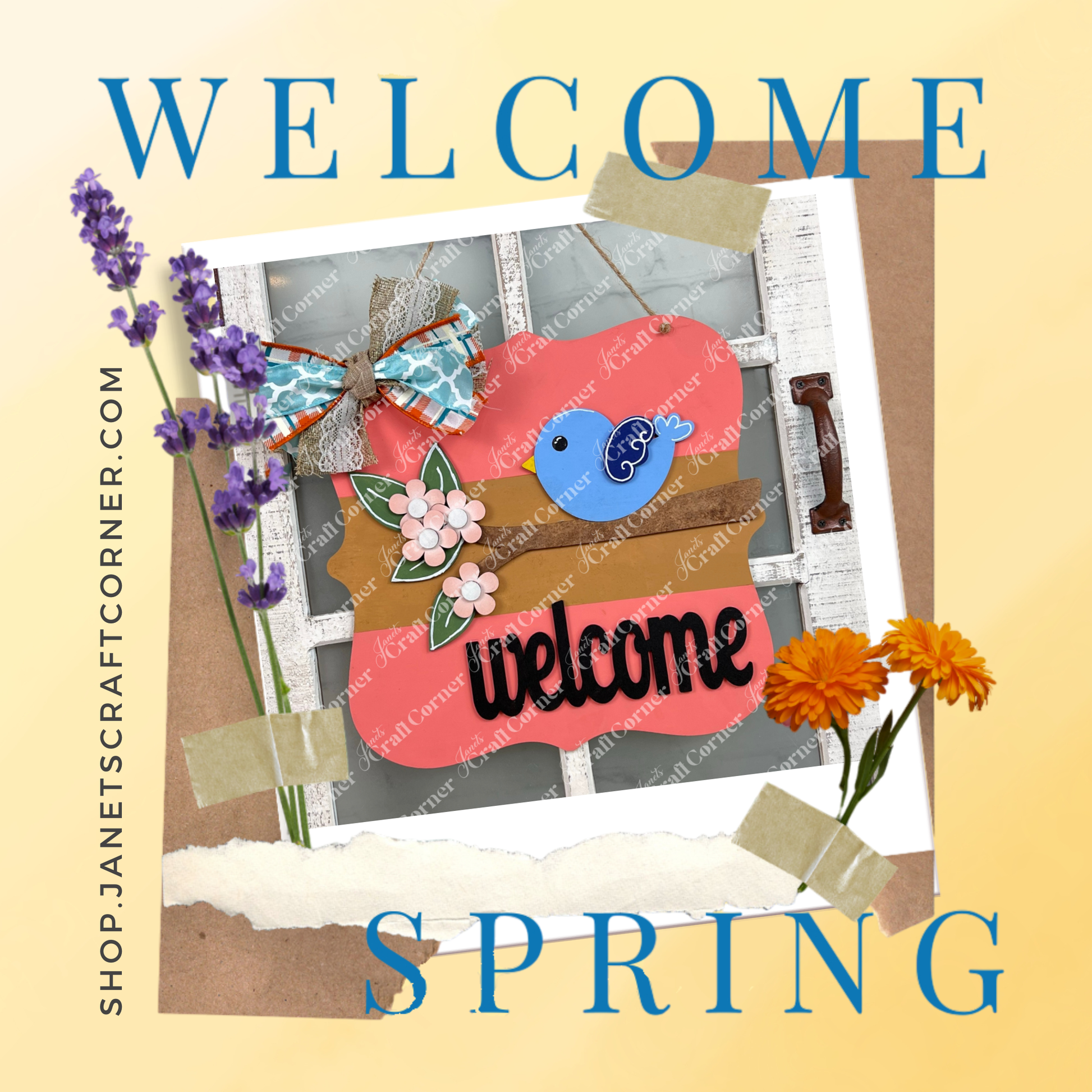 Brighten your entryway with the Bird Welcome Sign DIY kit from Janet's Craft Corner. The sign features a colorful spring theme with a yellow background, avian friend, pink flowers, ribbon bow, and "Welcome Spring" written in blue text. Adorned with flowers and vintage tape. Visit janetscraftcorner.com for more.