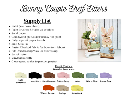 A supply list for Janet's Craft Corner Bunny Couple Shelf Sitters DIY craft kit—set of 2, perfect for spring decor. Includes a photo, materials, tools, and paint swatches—ideal for your next seasonal home project.