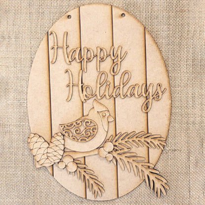 The "Cardinal Happy Holidays Door Hanger" by Janet's Craft Corner features an oval wooden sign with "Happy Holidays" engraved at the top, a cardinal on pine branches with pinecones and berries, and a rustic burlap texture, perfect for festive decor.