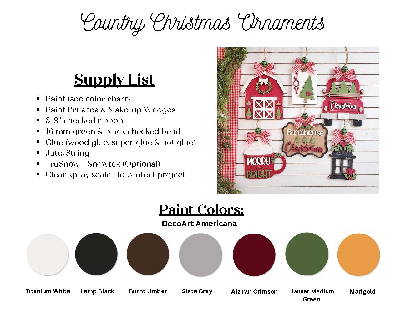 Bring the rustic charm of a country Christmas into your home with Janet's Craft Corner's Country Christmas Ornaments - Set of 6 DIY Decoration Kits. This hand-painted craft kit includes everything you need to create festive mistletoe ornaments, including a supply list and paint colors like Titanium White, Burnt Umber, and Hauser Medium Green. You'll also receive all necessary paints, brushes, ribbon, and glue for your holiday decorating project.